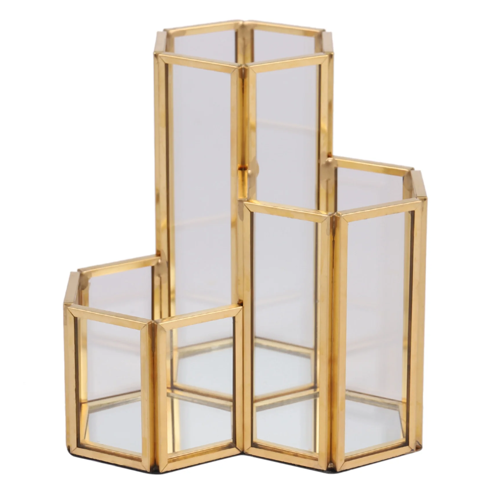 AB09 Glass Copper Hexagon Composite Pen Holder Makeup Brush Glass Box Multifunction Desktop Organizer Accessories