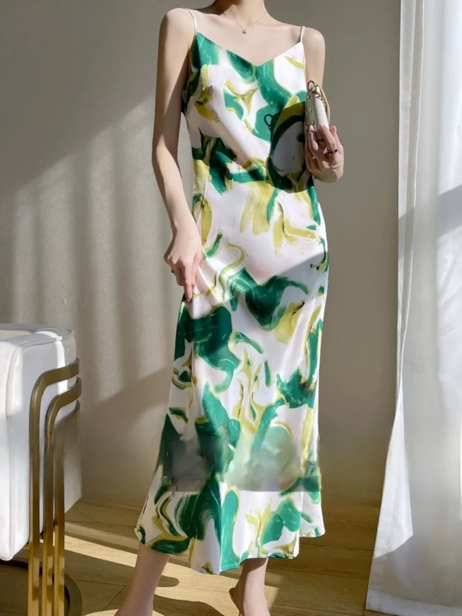 Ele cetim seda longo dr feminino verão sexy camada base colete dr a linha midi saia v-ne impressão casual chique dr