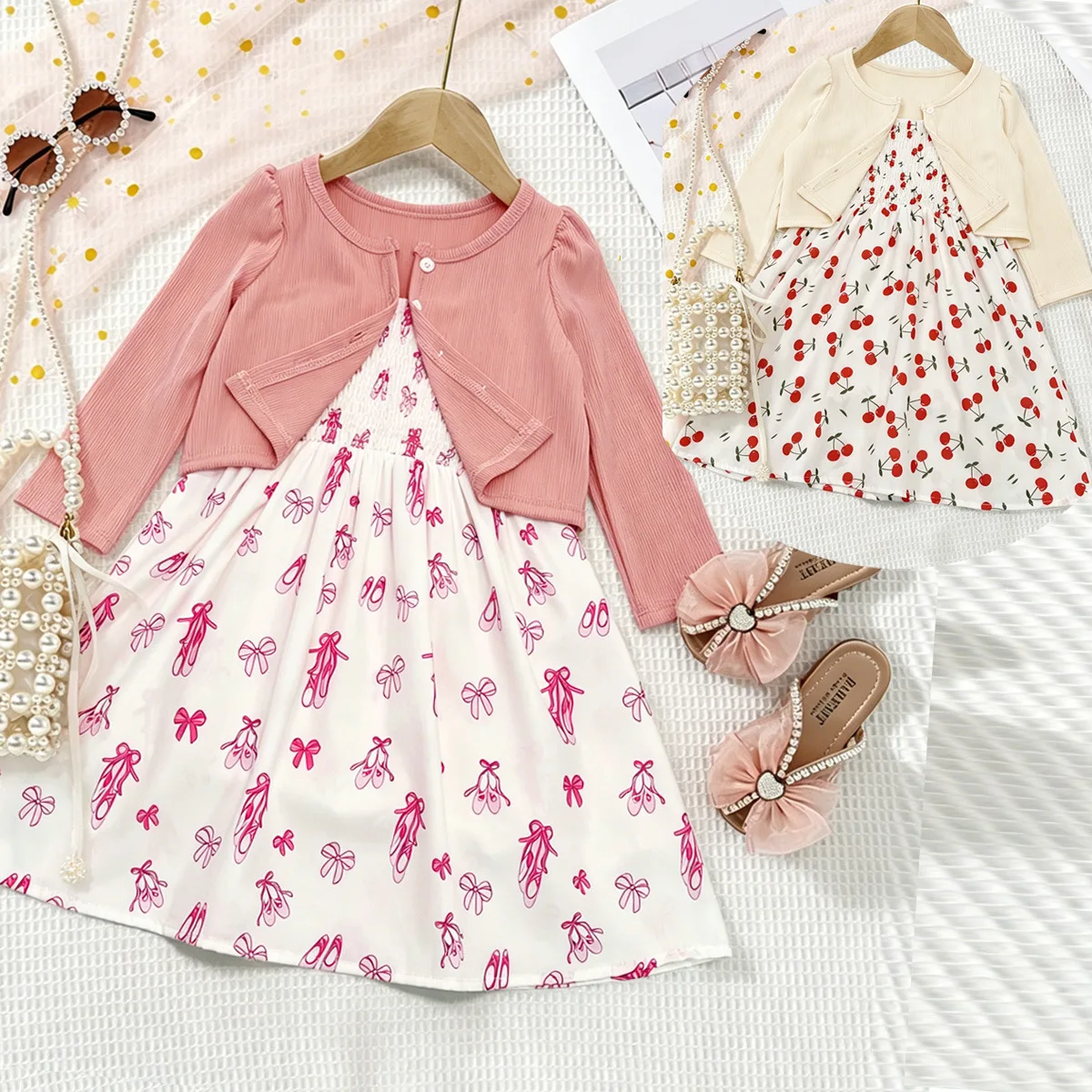 

2026 Spring Autumn Girls 2Pcs Outfit, Fashion Cardigan Jacket with Cherry Print Shirred Strap Dress Two Piece Set for 100-150cm