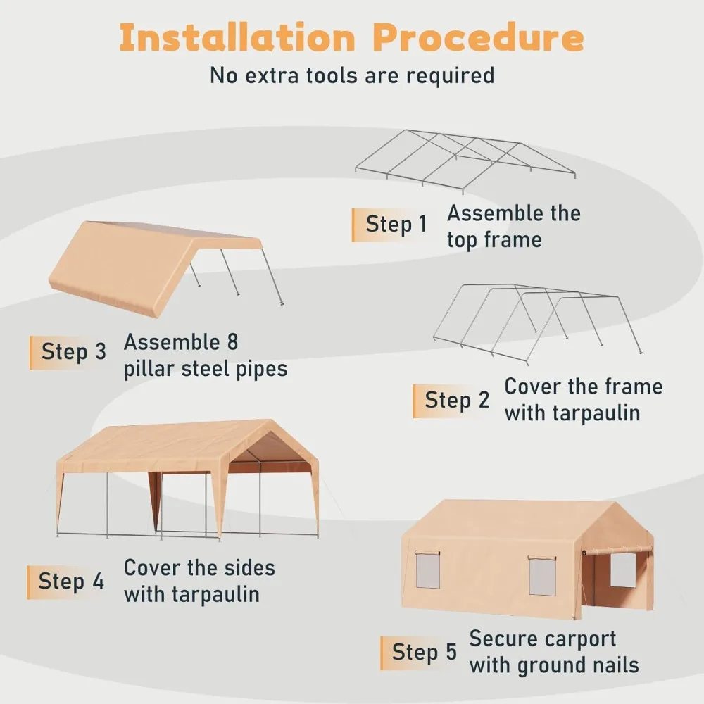 Carport Portable RapDuty Car CanModifications, Garage avec Enroulable, Fenêtres Ventilées, Paroi Latérale Parfaite, 12x20 FT