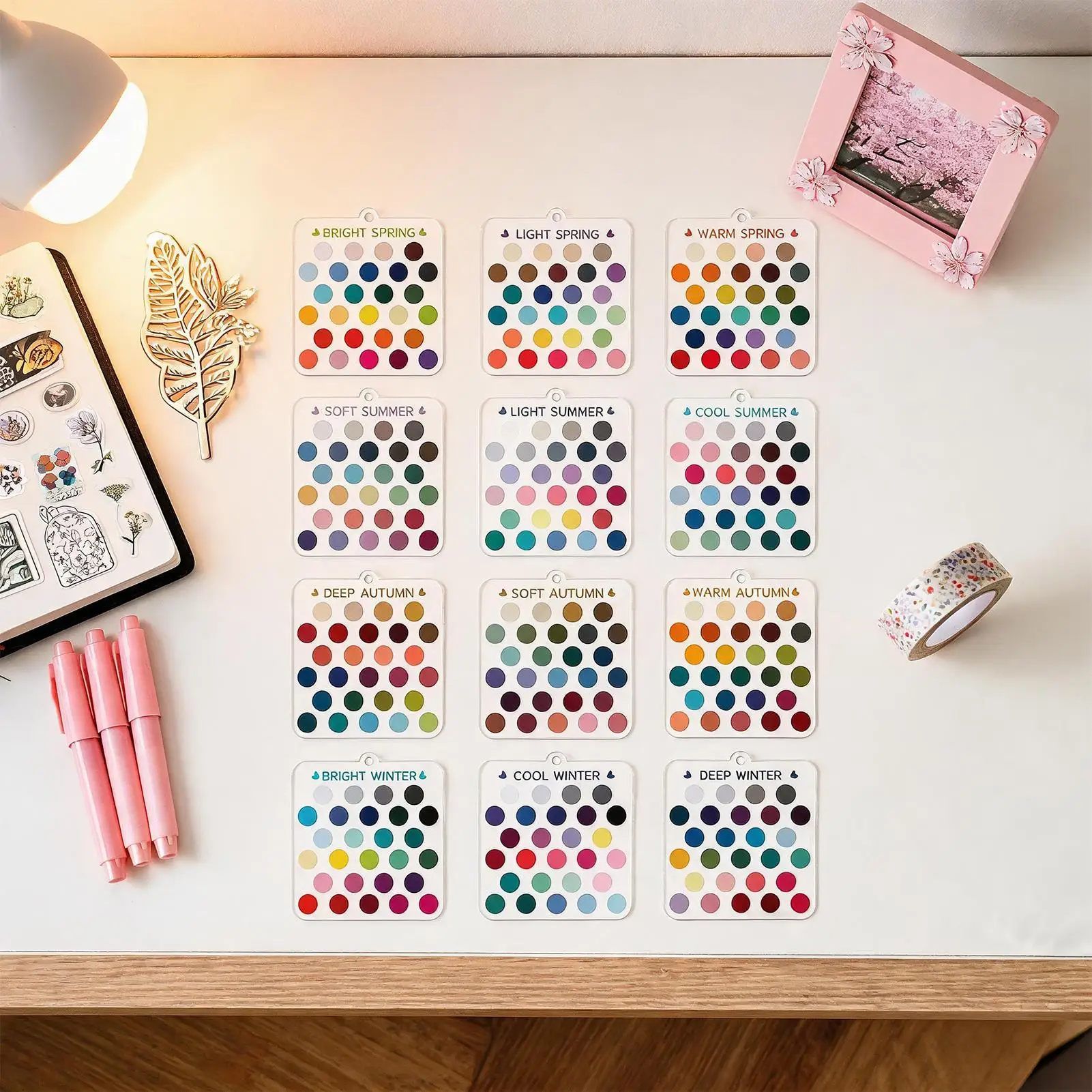 12PCS Color Analysis Template Cards Keychain Acrylic Color Matching Guide Double Sided Seasonal Color Selection Cards