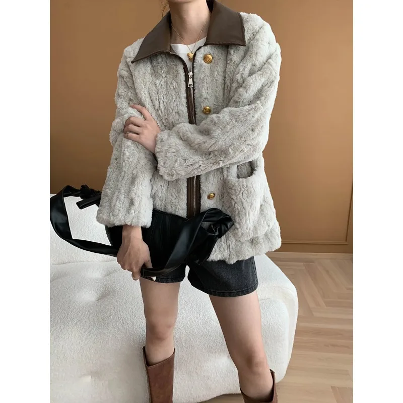 2024 neue Frauen Winter warmen Mantel Pu Leder Kragen Patchwork Kunst pelz Mantel lose Stil Jacke Frauen Tops Mantel Casaco Feminino