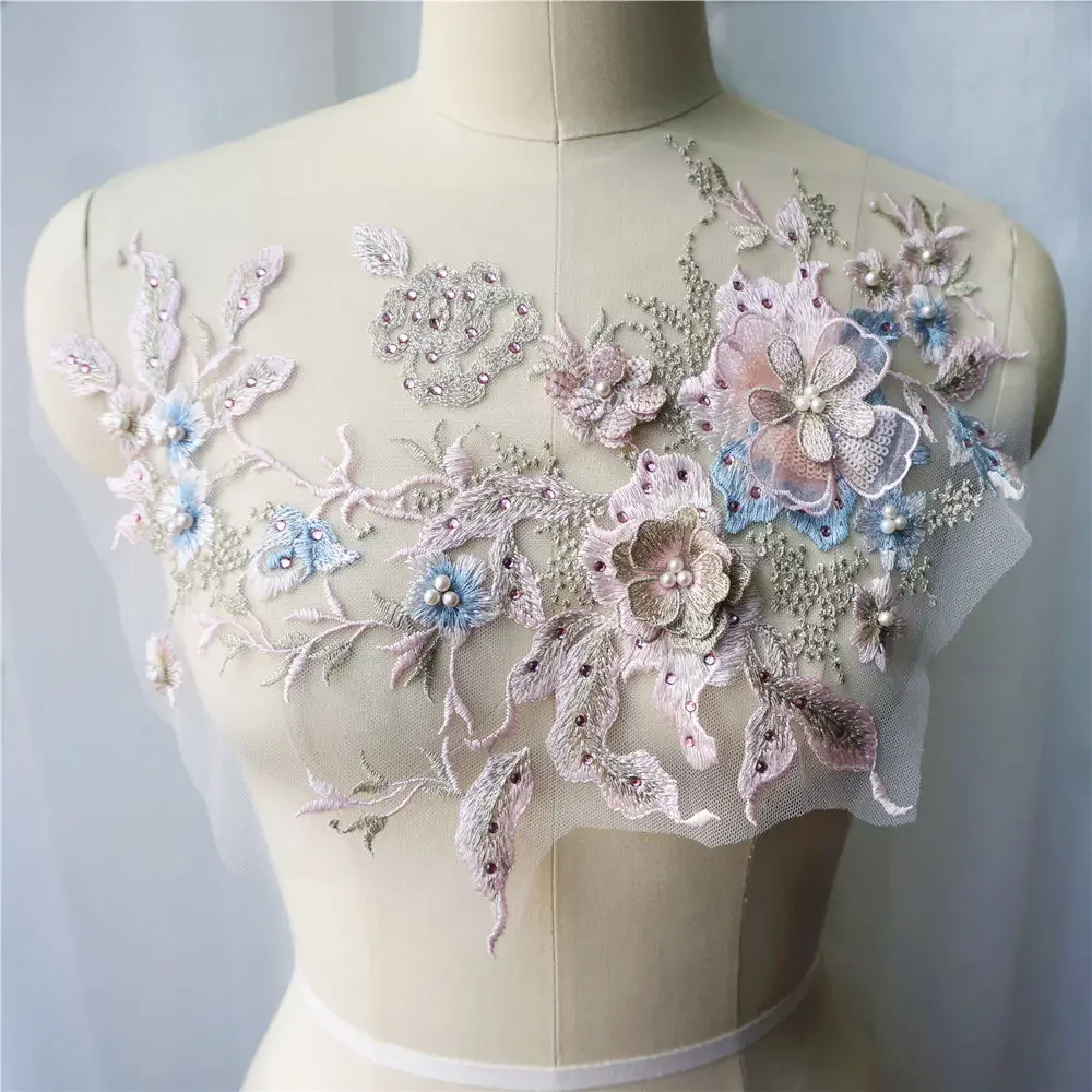 Black Blue Gold 3D Flower Lace Fabric Beads Rhinestone Embroidered Gown Appliques Collar Sew Patch For Wedding Decor Dress DIY