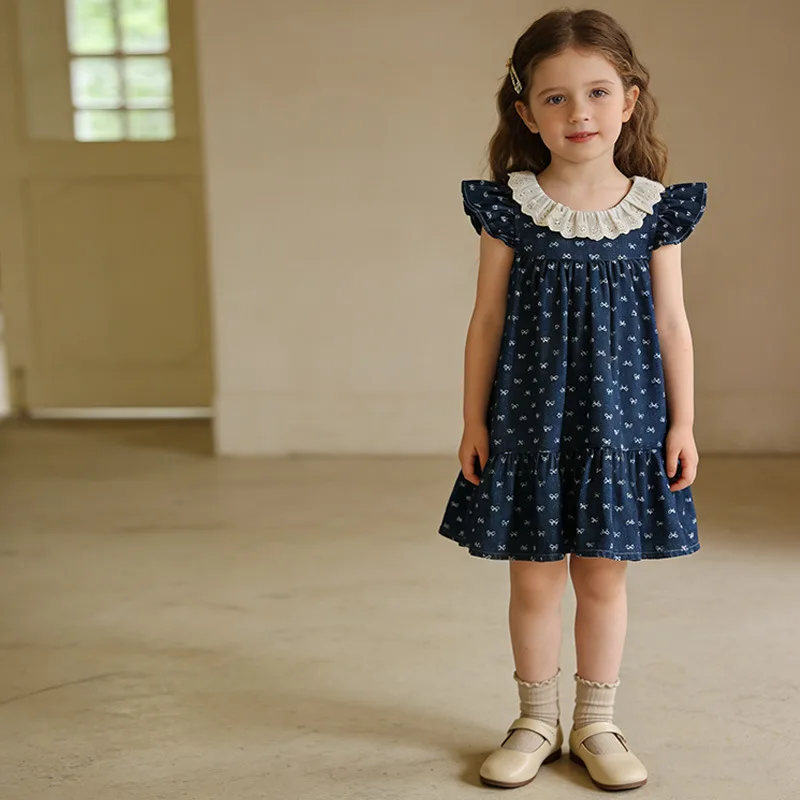 

New Summer Girls' Dress Denim Flutter Sleeve Bow Print Dress for Girls, Children's Clothing