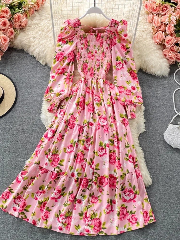 

Women Spring New French High Waist Bubble Sleeve Dress Gentle Temperament Square Neck Waist Large Swing Long Dress D3096