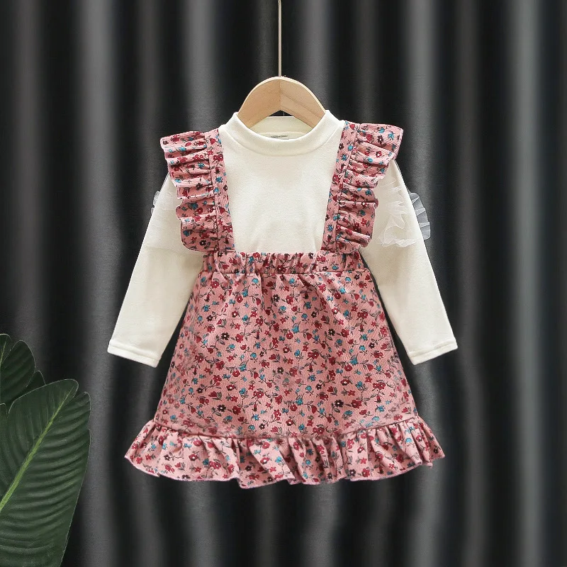

Autumn Children Girl Clothes Dress Ruffle Long Sleeve Tops+Straps Dress 2Pcs Set Flower Princess Dress Two-Piece Kid Outfit A854