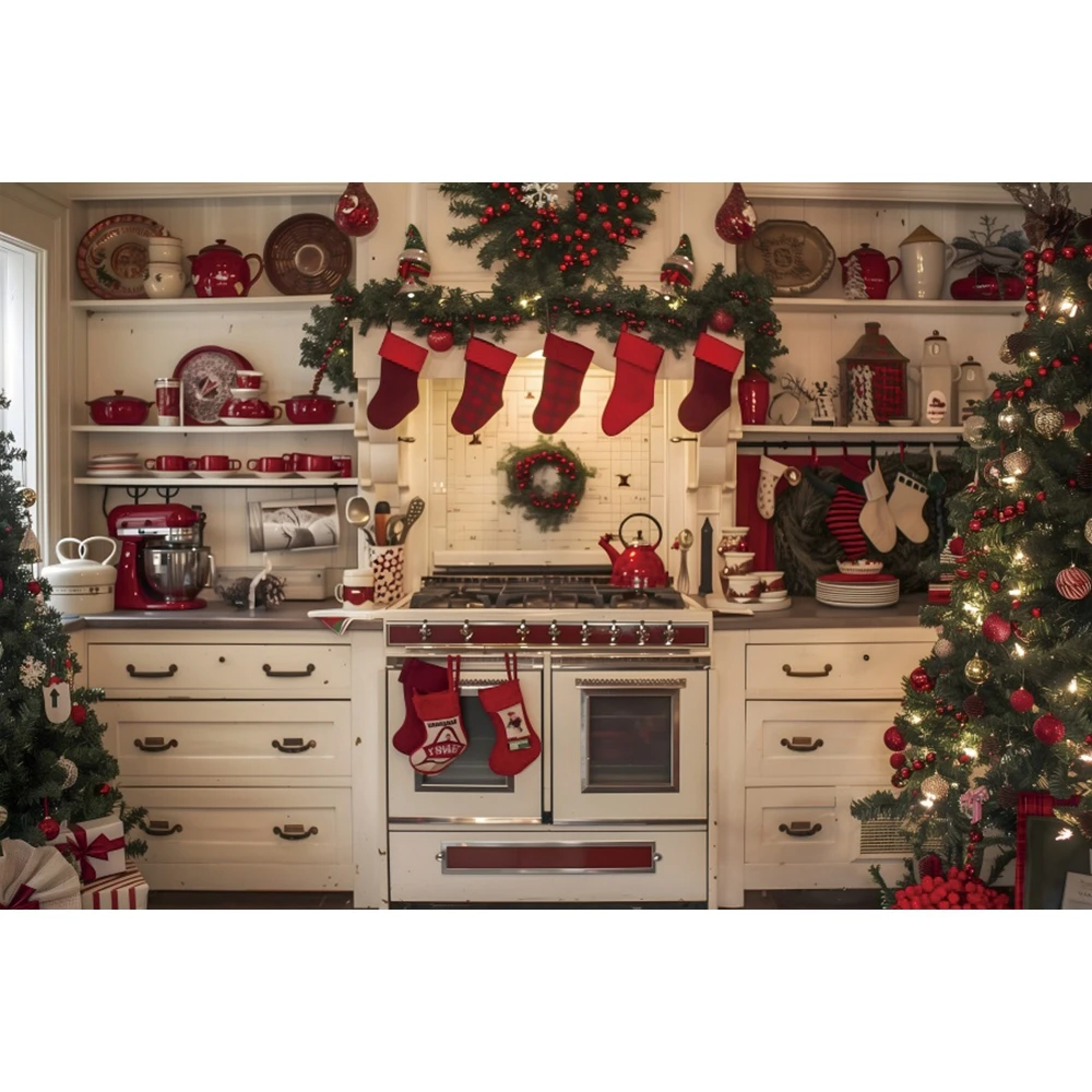 Christmas Kitchen Photography Background Garland Cabinet Xmas Tree Party Decoration Supplies Family Portrait Studio Props