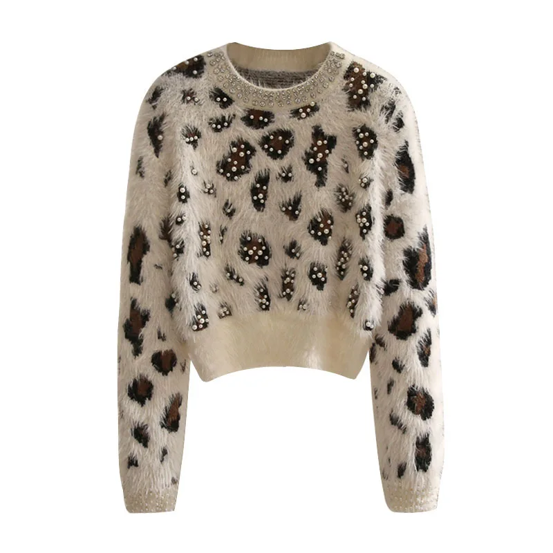 New Autumn and Winter Woolen Sweater, Leopard Print Nail Drill Bead Sweater Women's Knitted Sweater Furry Pullover Top Sweater