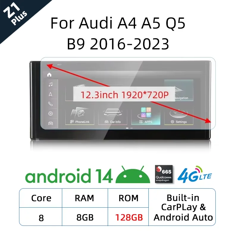 Qualcomm 8 + 128G Draadloze Carplay Voor Audi A4 A5 Q5 B9 2016-2023 Auto Multimedia Speler Android 14 Auto Stereo GPS Touchscreen