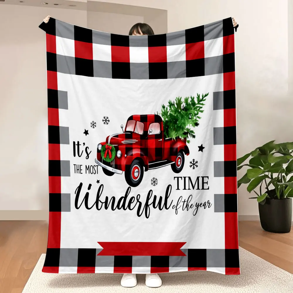

Christmas Buffalo Plaid Blanket - Festive Design with Vintage Pickup Truck, Christmas Tree, Ideal for Holiday Decor & Gifting