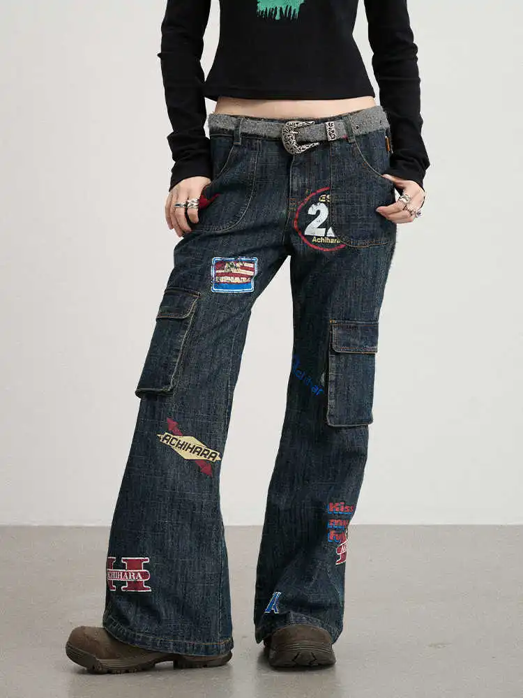 Women's Cargo Jean Designer Y2k Print Grunge Kpop Japanese 2000s Streetwear American Retro Denim Pants Y2k Harajuku Jean Tide