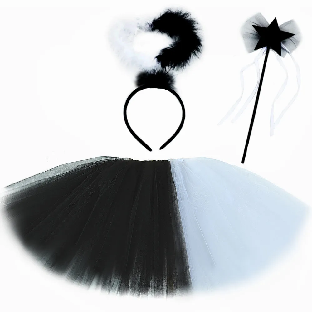 Twisted Angel Costume Girls Halloween Dress Up Black White Half Angel Half Devil Tulle Tutu Skirt Baby Kids Tutus with Wings Set