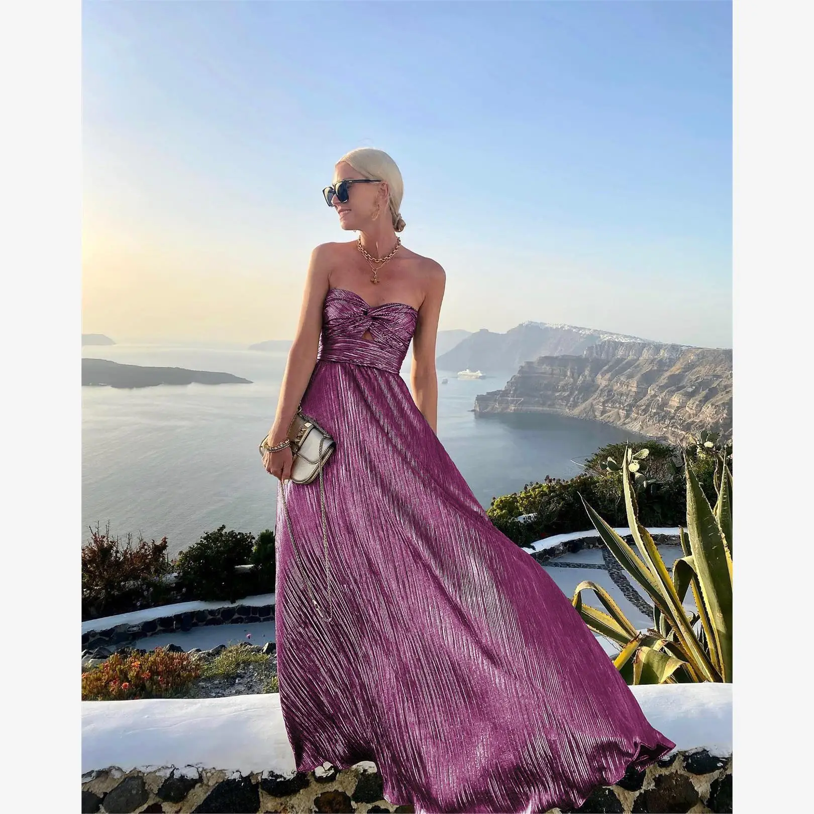 

Уличная модная длинная юбка-клеш с высокой талией, бронзированная, с эффектом обертывания, осенняя, без рукавов, на одно плечо