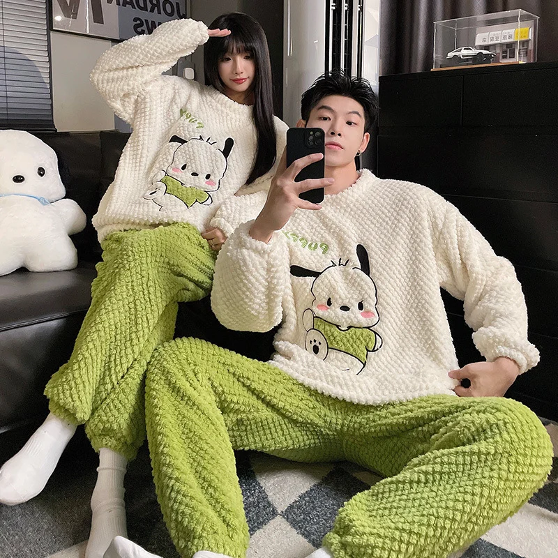 Sanrio Pacha Dog Winter New Couple Pajamas Women\'s Cartoon Warm Coral Fleece Cute Cartoon Men\'s Flannel Homewear Suit