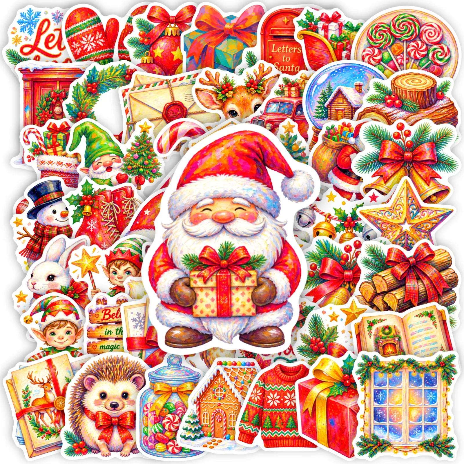 50 autocollants de Noël en PP, autocollants décoratifs représentant une maison en pain d’épices et le Père Noël, pour décorer tasses, sacs cadeaux, murs et albums de scrapbooking.