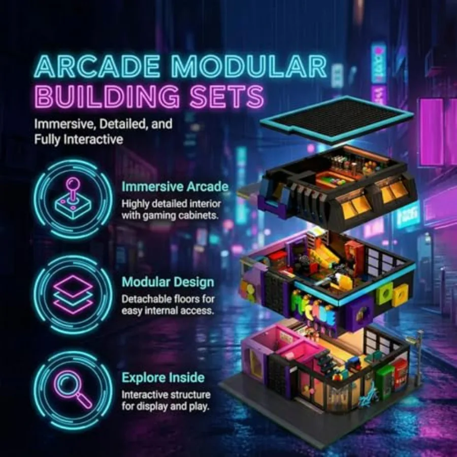 Arcade Modular Building Blocks Set with LED Lights Cyberpunk Retro Arcade Bowl Street View Bricks 2600PCS Collectible Construct view 2