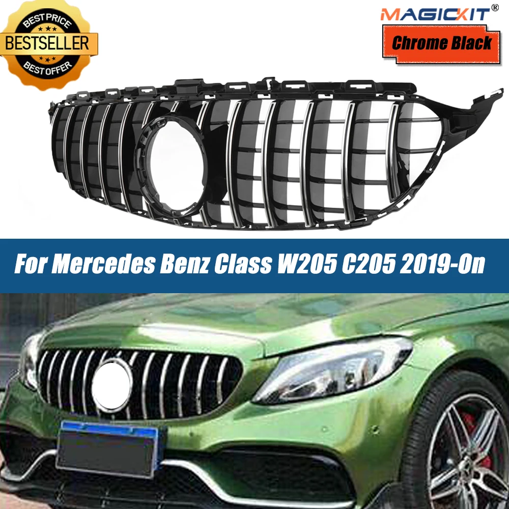 

MagicKit For Mercedes Benz W205 C200 C300 C250 2019+ GTR Style Front Buper Grill ABS Chrome Black Radiator Grille Without Camera