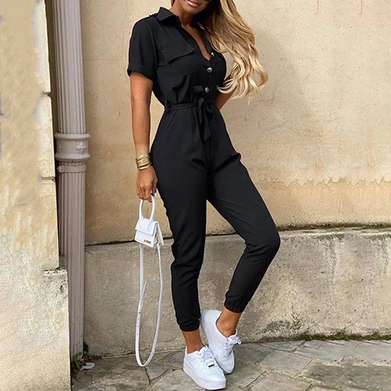 Mono de talla grande con cinturón, pantalones largos de cintura alta, ropa de trabajo para mujer, pantalones informales de fibra tejida con cuello vuelto