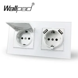 EU Round Box Double Socket with Cap and with 2 USB 110V-250V Wallpad DIY White Glass Panel 156*86mm Electrical Sockets