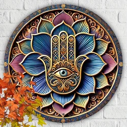Metal Mandala Wall Art with Hamsa Hand & Eye of Fatima Design - Intricate 8-inch Round Spiritual Decor