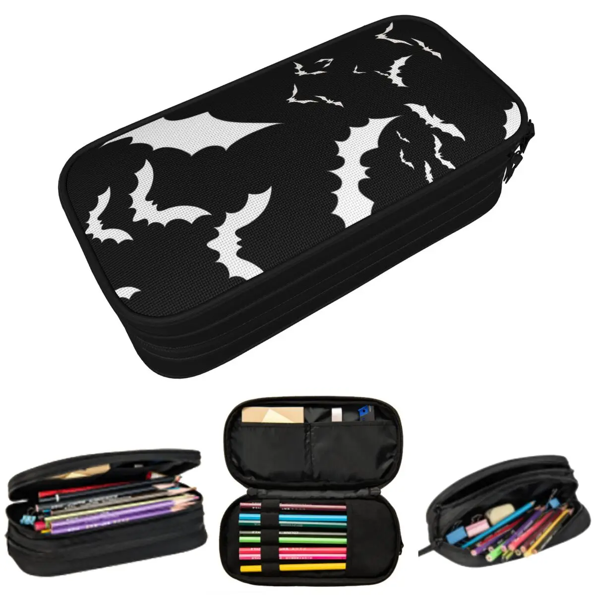 

Черно-белый пенал с рисунком летучей мыши для студентов, школьный пенал, сумка для канцелярских принадлежностей, сумка-держатель для ручек