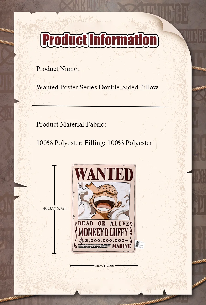 1 Stück Offizielles One Piece Wanted Poster Kissen, Doppelseitiges Anime-Dekokissen für Zuhause, Sofa, Büro, Schlafzimmer, Sammlerstück, Geschenk. – Detail 2