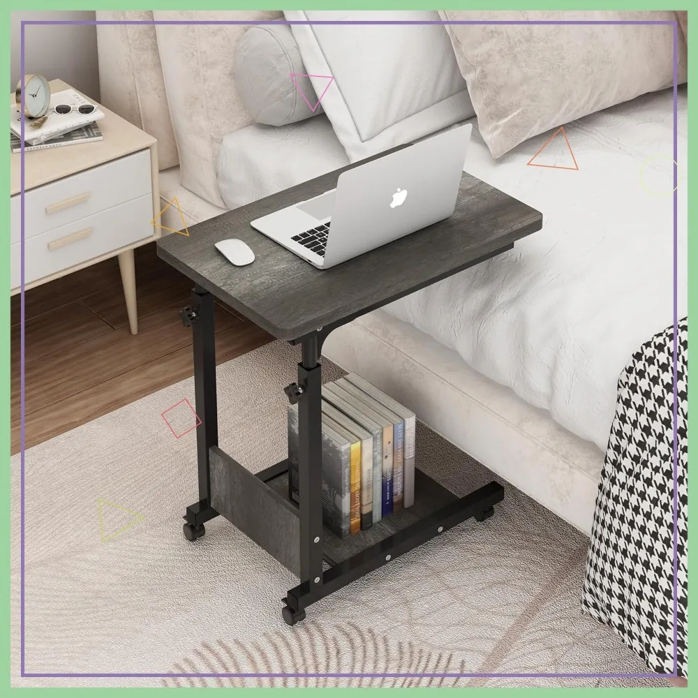 Adjustable Height C Table with Wheels, Mobile Bedside Desk for Laptop and Home Use, Gray