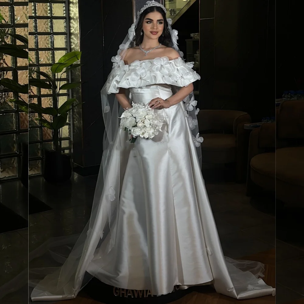 

Customized Modern Style Charmeuse Flower Pleat A-line Off-the-shoulder Long Dresses Bespoke Occasion Retro