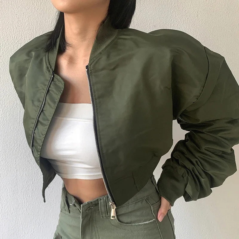 High Waisted Cropped Flight Jacket Women Spring Autumn Long Sleeved Folds Zipper Outerwear Casual Loose-fit Bomber Jackets Coat