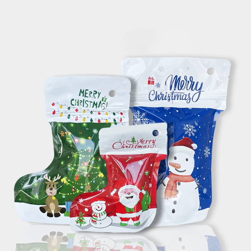 Christmas Socks Boots Shape Gift Bags Xmas New Year Wrapping Gift Packaging Bag Plastic Stand Up Self Sealing Candy Bag