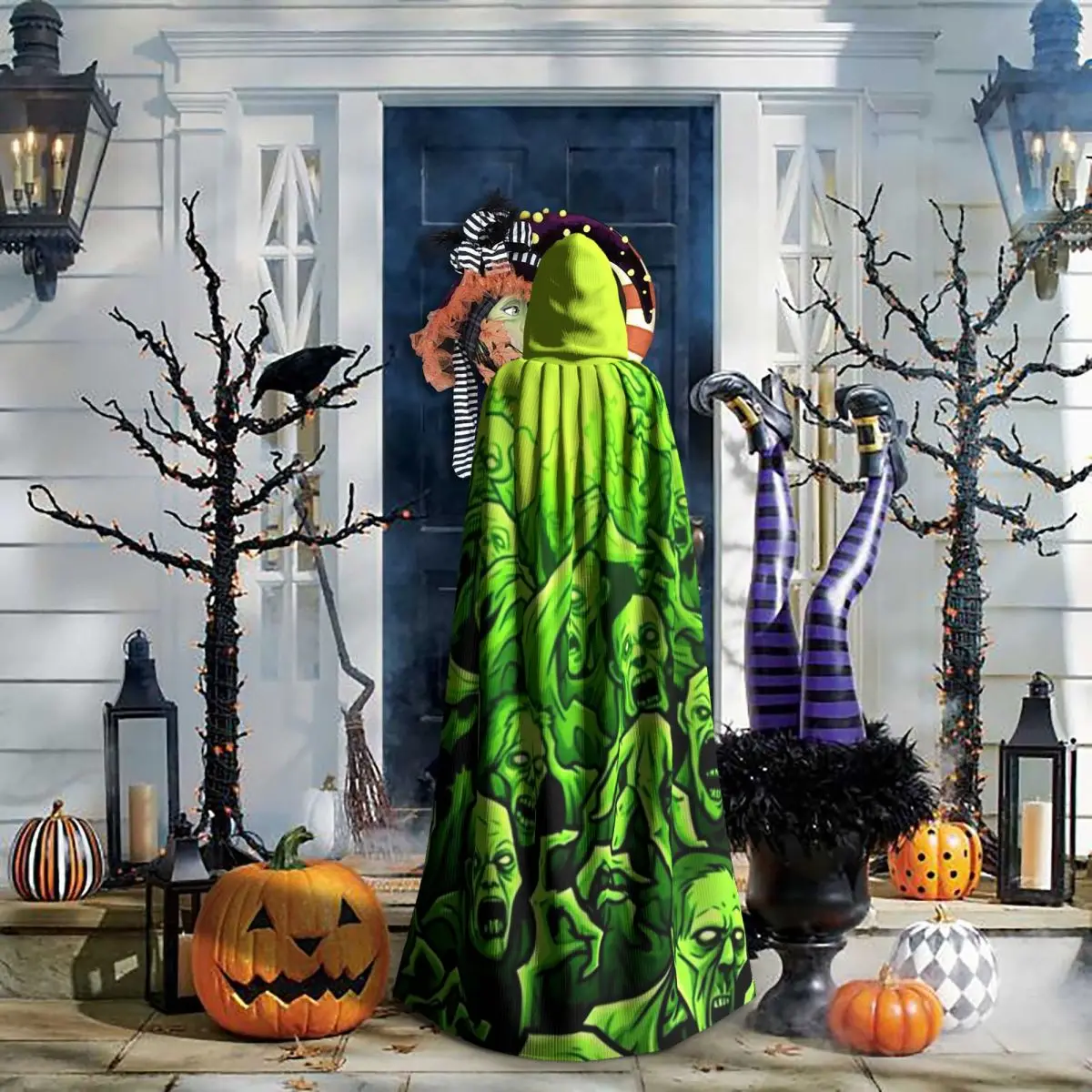 Призрачный череп с принтом, светящийся ужас, ночь, Хэллоуин, длинный плащ с капюшоном, ведьма, средневековый костюм, накидка для косплея, Хэллоуин, вампир для взрослых