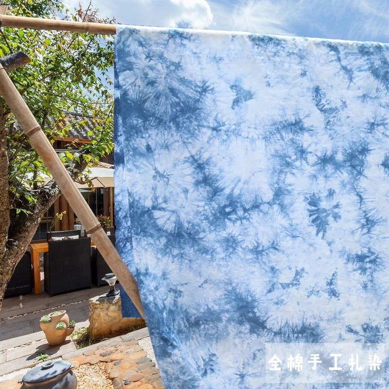 

Pure Cotton Handmade Tie-Dyed Fabric Finished Blue Dyed Cloud Dyed Cloth Background Clothing Tablecloth Diy Fabric