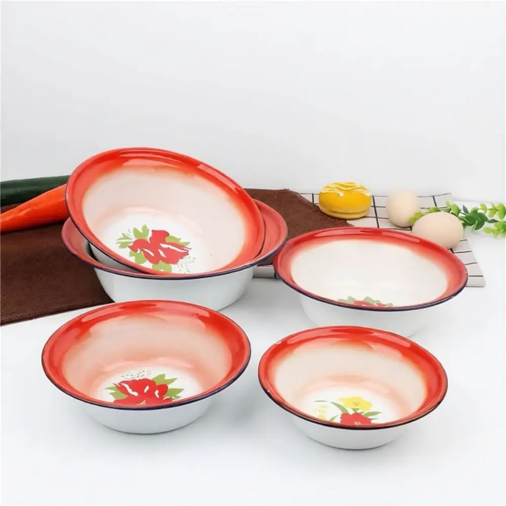Durable Enamel Deep Bowl Vintage Floral Style Kitchen Mixing Basin Food Serving Pot Decorative Tableware Essential