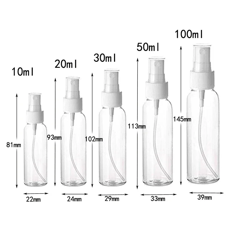 Botellas de plástico PET transparente con pulverizador, envases rellenables de viaje de niebla fina para Cosméticos líquidos y agua, 100 piezas, 10/20/30/50/100ml