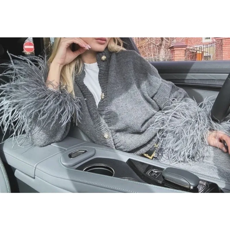 

Women Knitted Cardigan 2025 Fall Elegant Single Breasted Knitwear Feather Patchwork Loose Long Sleeve Top Sweater Jacket