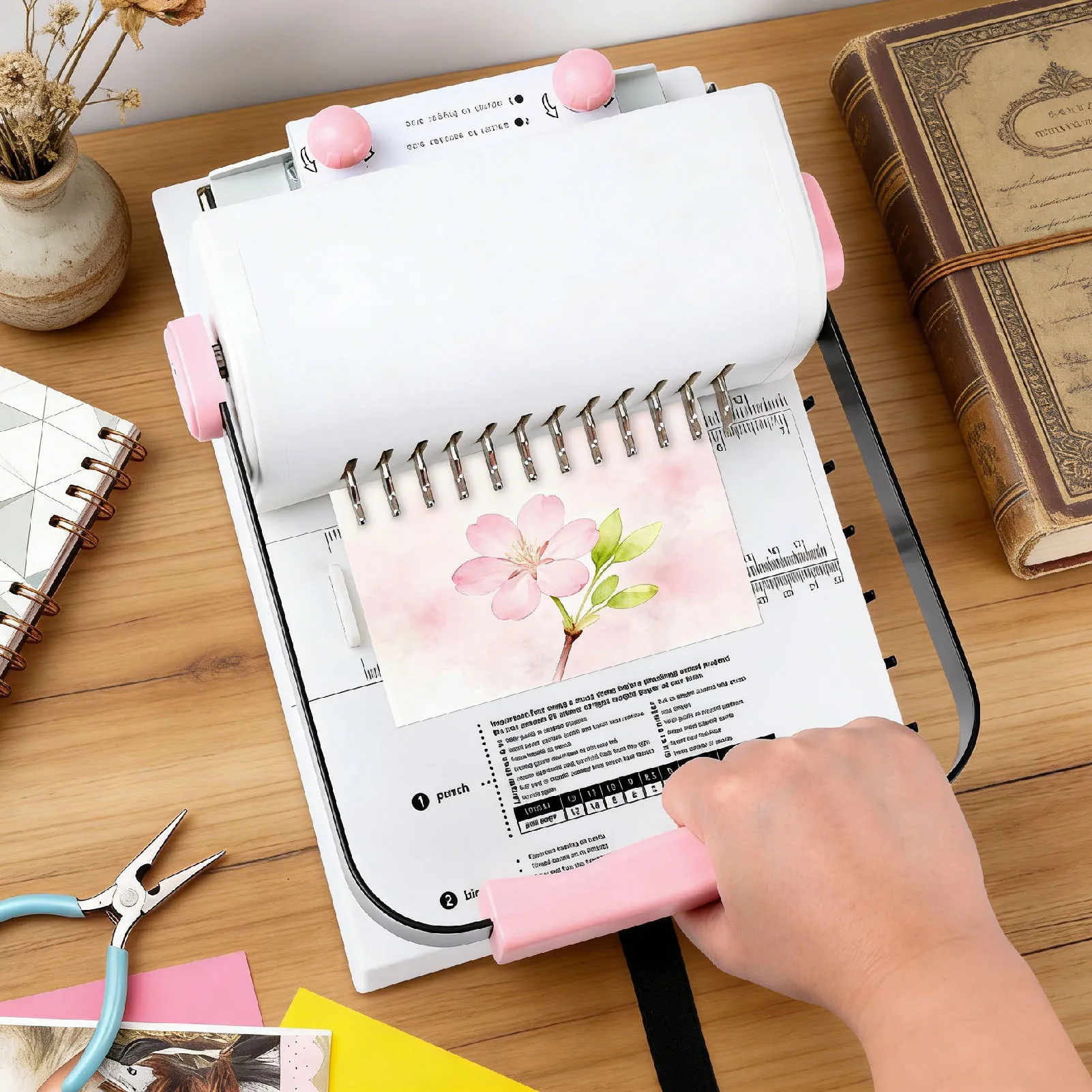 Book Binding Machine with Slide Ruler 2:1 Spiral Coil Wire 20 Sheet Circular Punch Capacity for DIY Notebooks Albums Journals