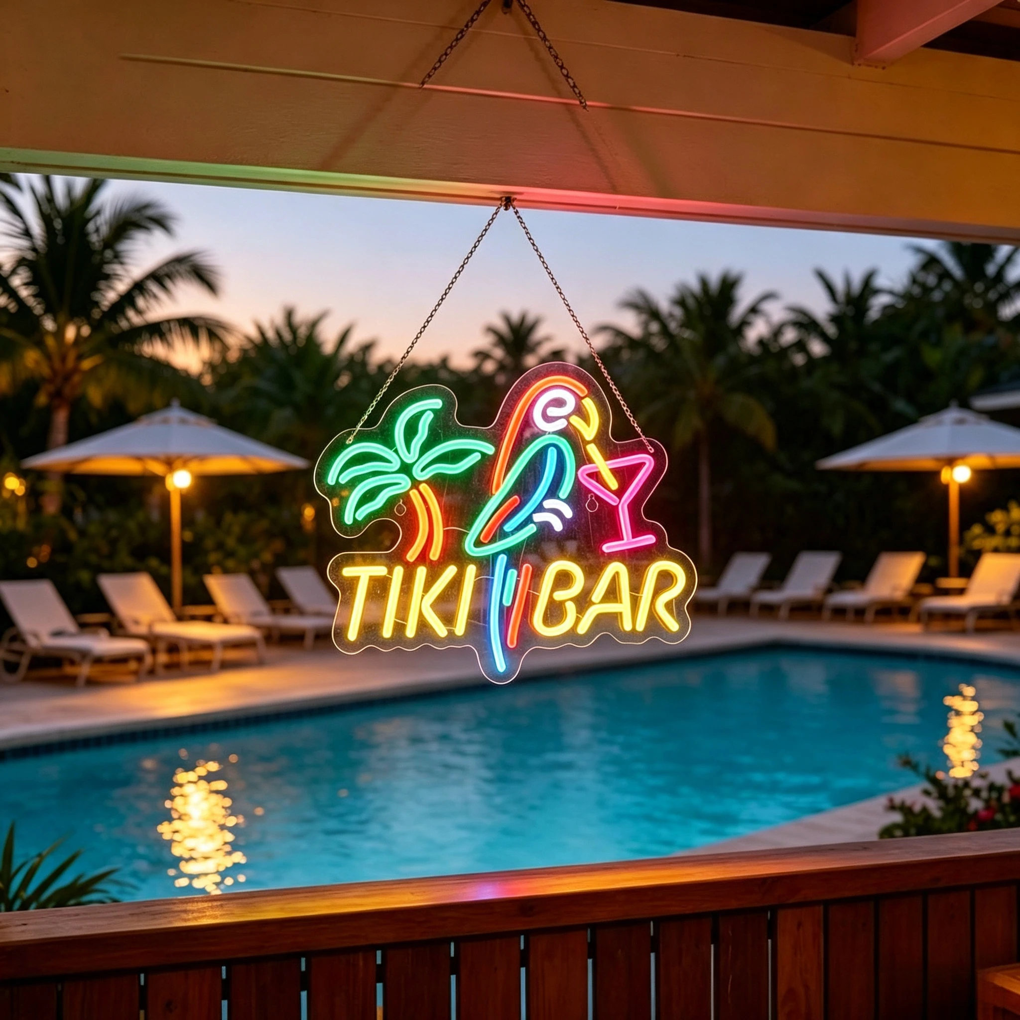 Tiki Bar Parrot Neon Light Sign for Wall Décor Pool Tiki Bar Party Dimmable LED Lights with USB Powered for Man Cave Decor Gift.