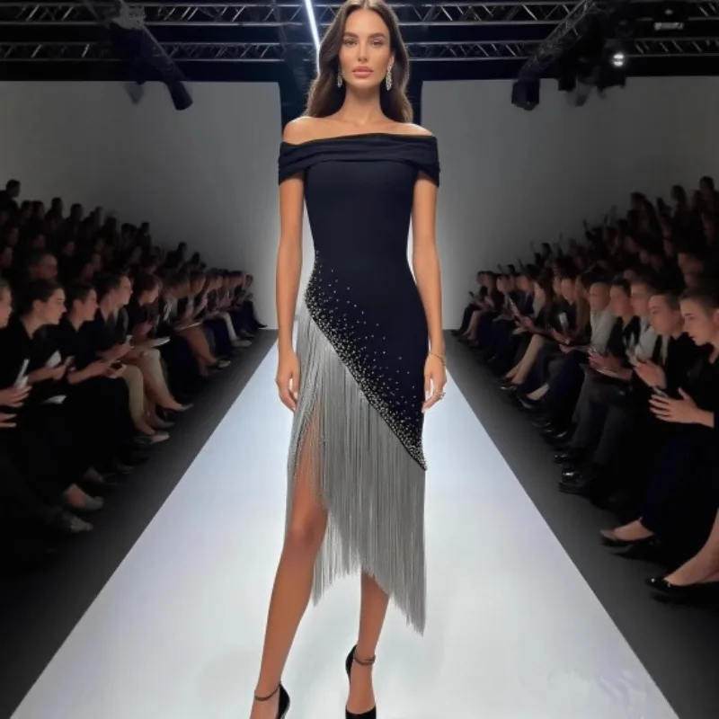 

Diamond-encrusted Fringe Luxurious Women's Evening Gown Black Midi Dresses 2025 Cocktail Party Dress Fashionable Female Clothing