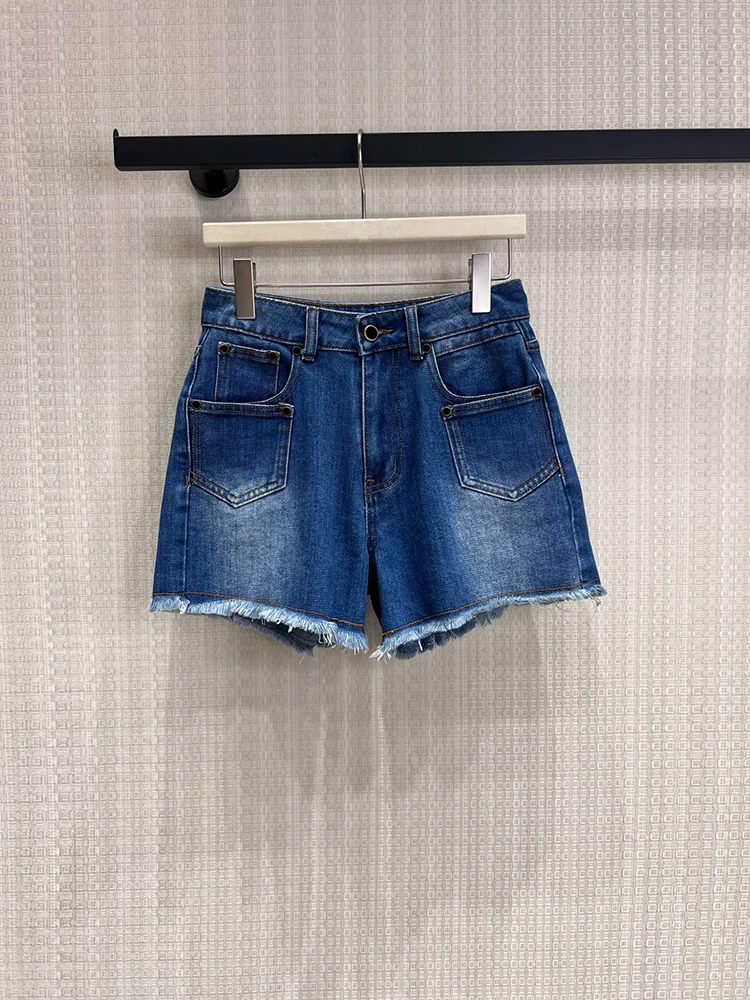 Summer Fashion Party Blue Classic Version Cowboy Shorts Women's Middle Waist Slim Multi Pocket Straight Barrel Tassel Hem Pants