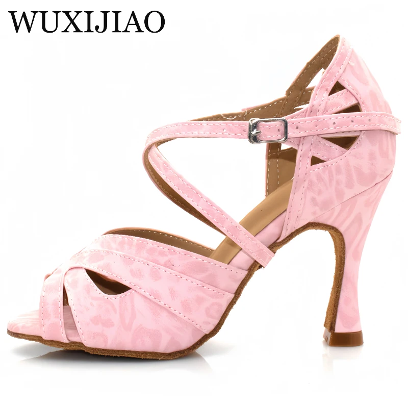 WUXIJIAO Latin Dance Shoes Pink Leopard PU Women's Social Dance Shoes Salsa Soft Soled Dance Shoes