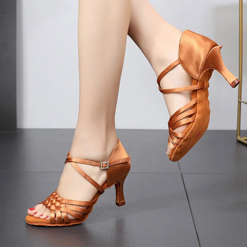 Satin Women's Ballroom Dance Shoes High Heels 5.5/7.5/8.5cm Latin Salsa Dancing Shoes Cross Strap Latin Dance Shoes