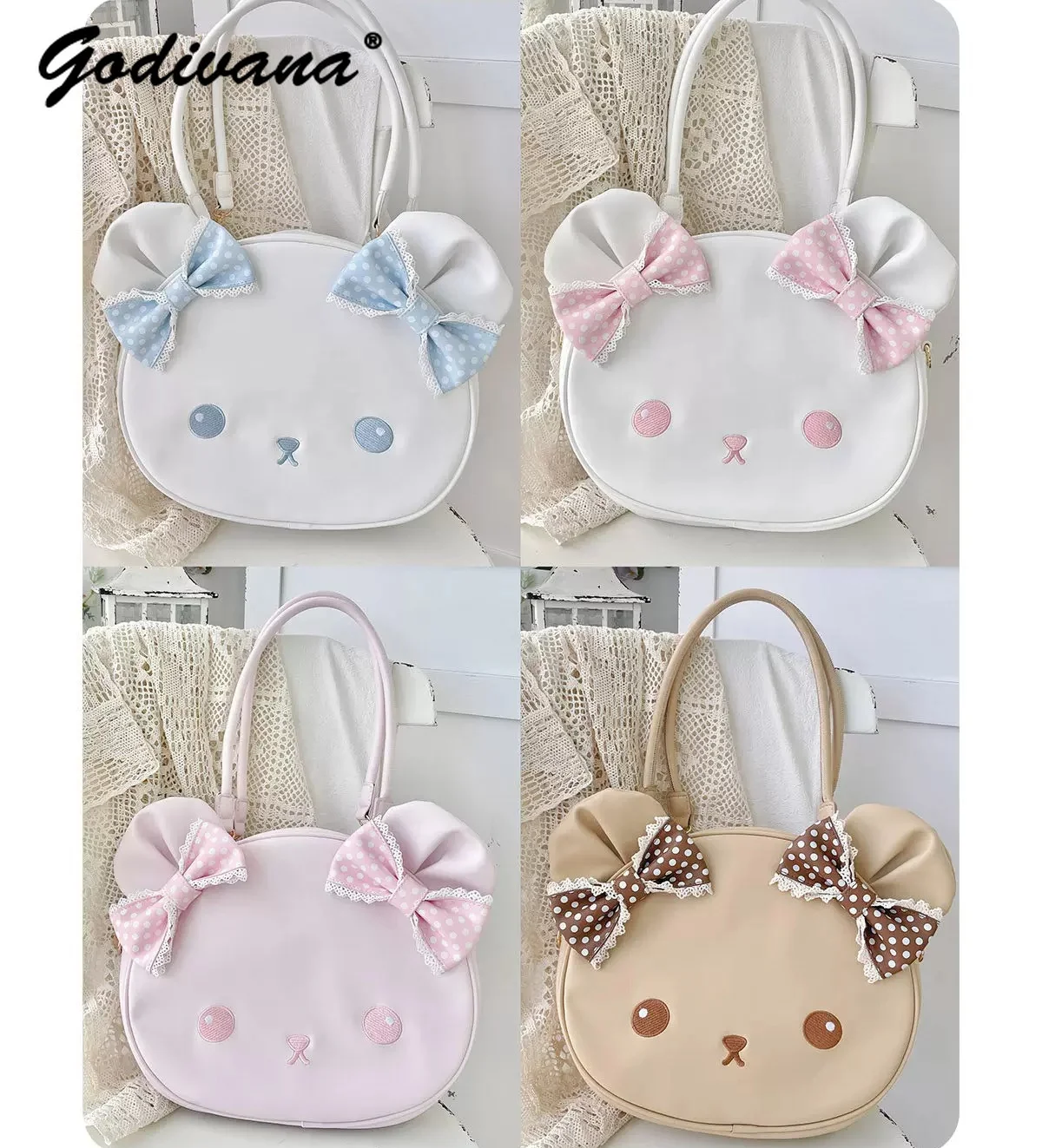 Cartoon Big Bear Head Lolita Tote Bag Girl Students Cute Bowknot Shoulder Crossbody Satchel Tote Bags Leather Handbags
