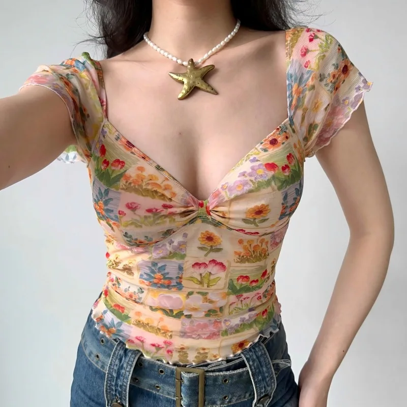 Small Floral Collar Top Summer Vintage Oil Painting Style Pure Desire Stunning Mesh Border Short Sleeved T Shirt