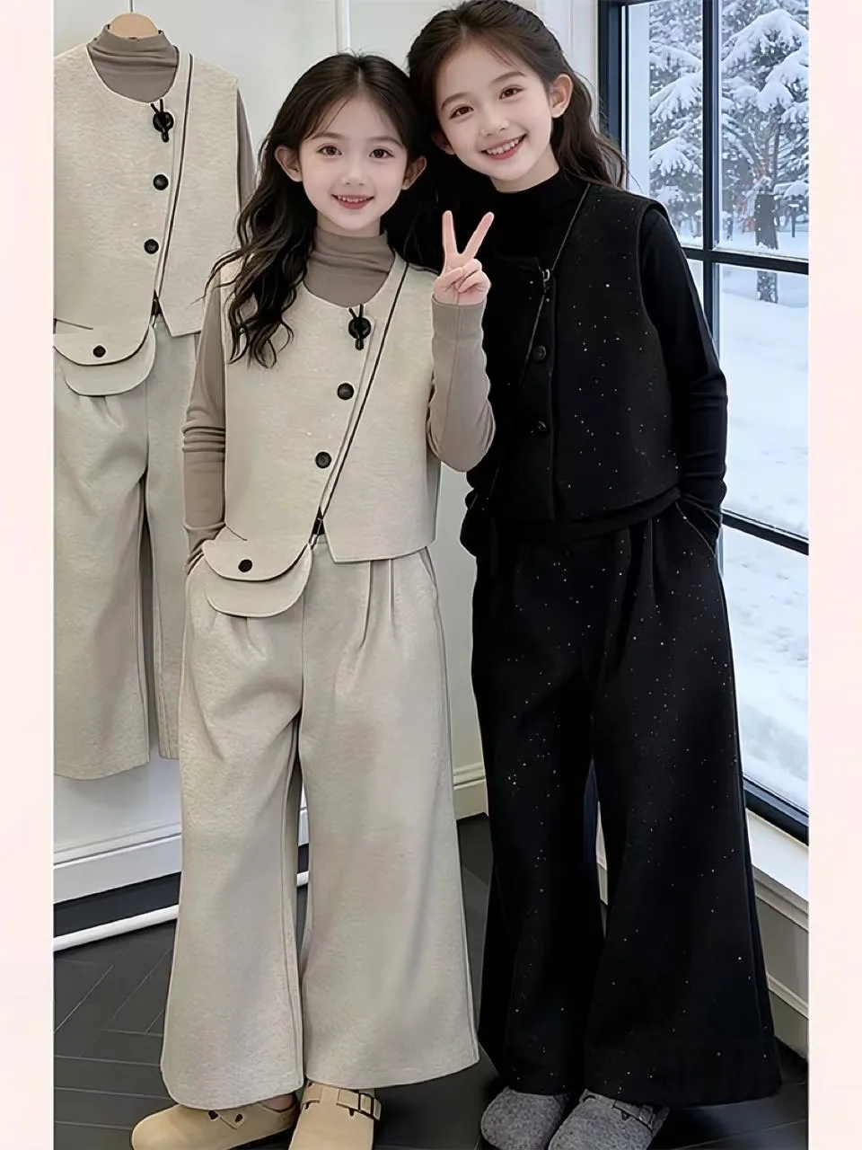 

Comfortable Casual Silver Ster Tee-Piece Set for Girls Spring 2026 Loose Fit Long Sve High Waist Pants Cotton Blend
