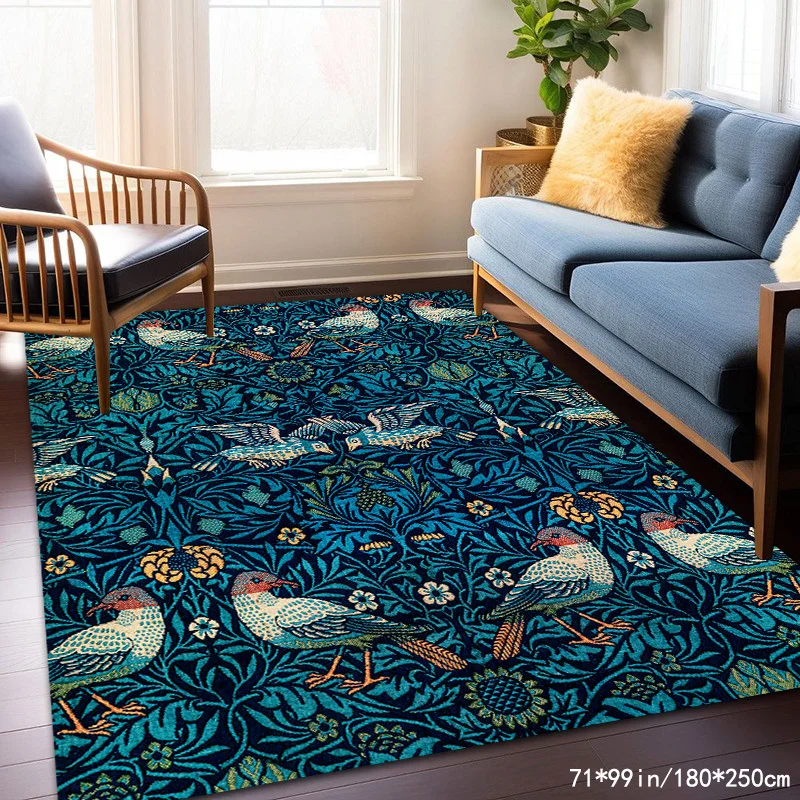 VIKAMA Living Room Home Rug Retro William Morris Style Bird Botanical Floral Foliage Pattern Anti‑Slip Washable Indoor Floor Mat