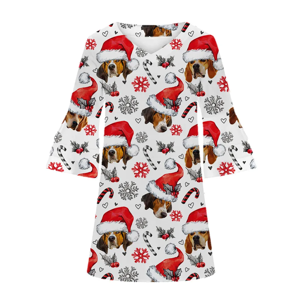 Jumeast Treeing Walker Coonhound Women's V-Neck Dress with Flared Sleeves Elegant Tropical Christmas Skirt Xmas Decor Dog Theme