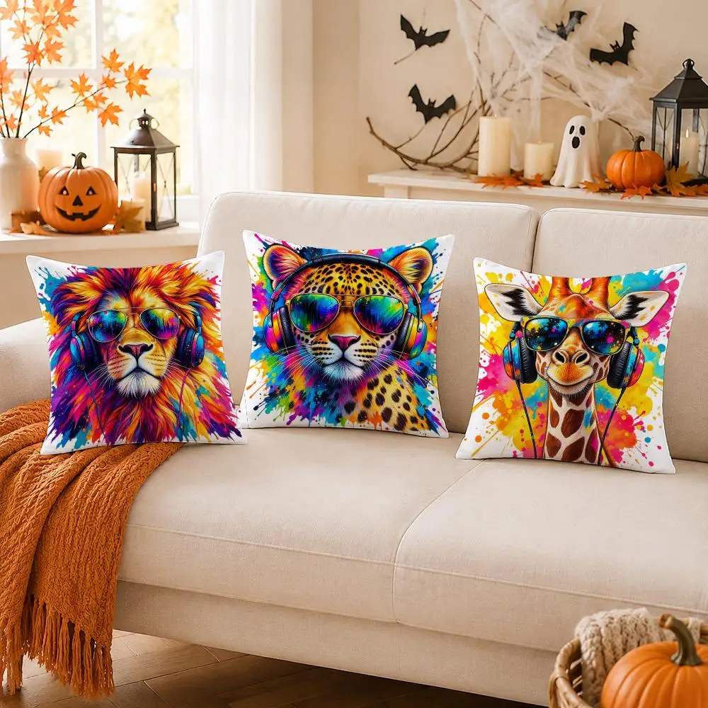 Adorable Animal-Print Pillows with Sunglasses and Headphones Giraffe Lion and Leopard Designs! Sofa cushion cover Cushion Cover