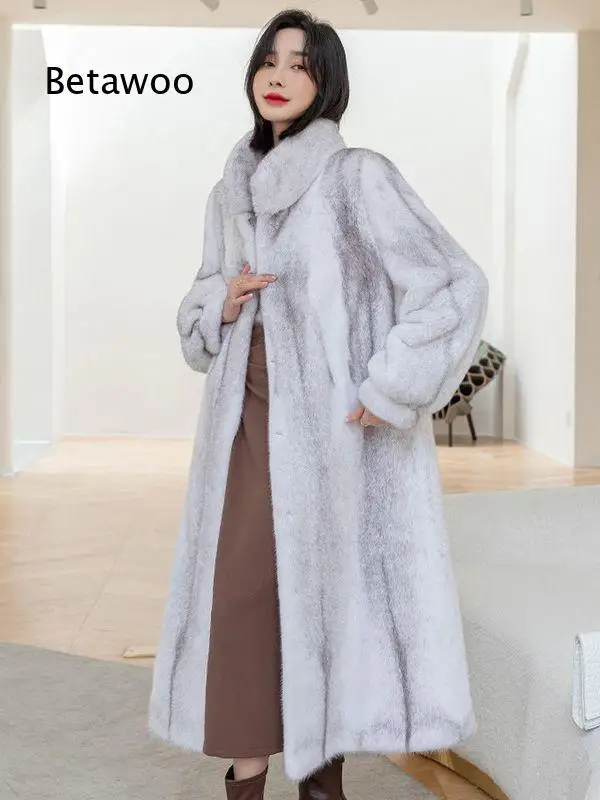 Womens long faux fur overcoat mink like soft texture stand collar warm lightweight design stylish elegant outerwear suitable