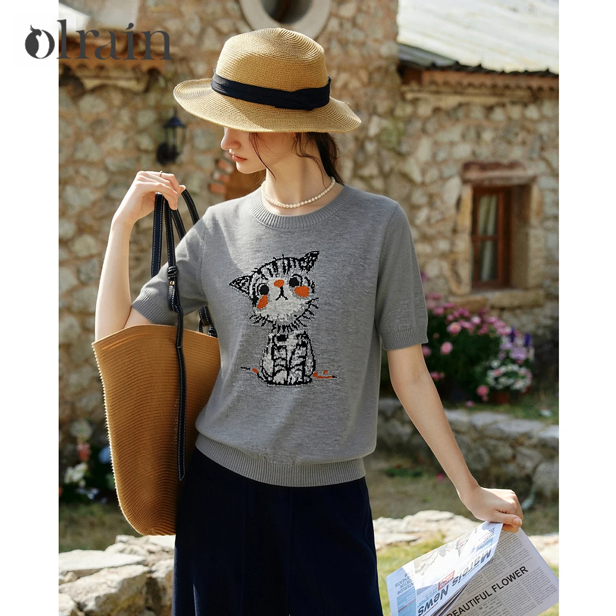 

OLrain 2026 Summer New French Casual Pit Ribbed Round Neck Fun Kitten Short Sleeve Wool Knitted Sweater Women WO58XZ006568