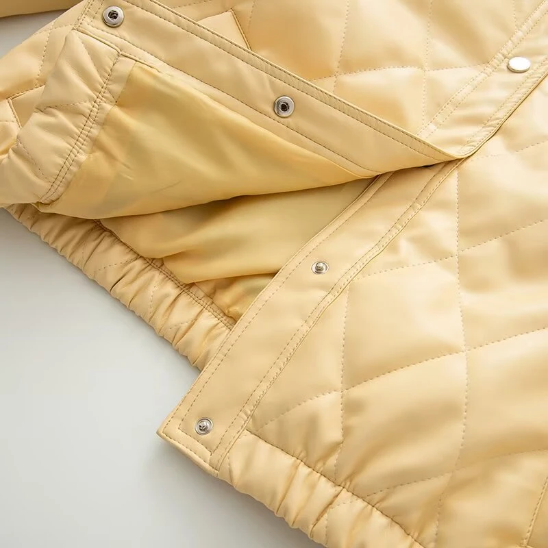 

KEYANKETIAN Winter new women's clothing single breasted checkered quilted short style lapel PU leather cotton jacket women Coat